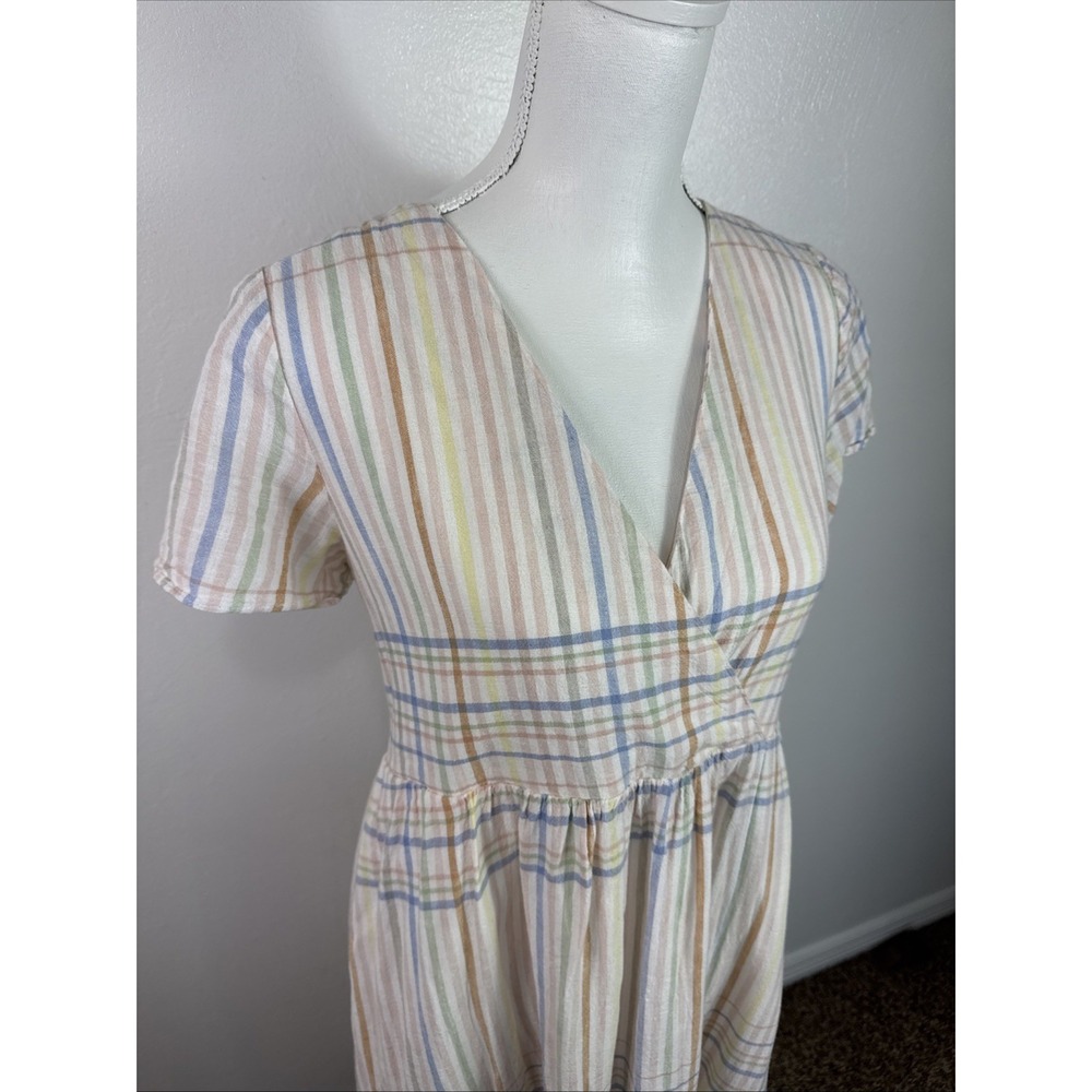 Madewell Women XS Clara Midi Dress Pockets Linen Bld Pastel Plaid Cap Sleeve - Picture 5 of 16
